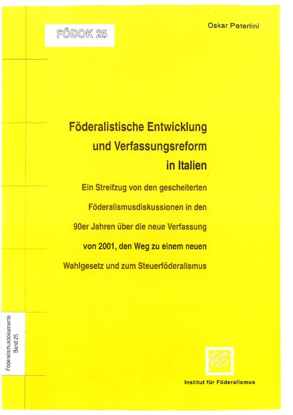 Föderalistische Entwicklung und Verfassungsreform in Italien. Ein Streifzug von den gescheiterten Föderalismusdiskussionen in den 90er Jahren über die neue Verfassung von 2001, den Weg zu einem neuen Wahlgesetz und zum Steuerföderalismus.